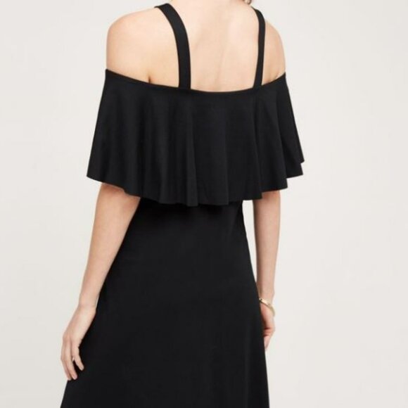 Anthropologie | Maeve Cold Shoulder Black Flounce Dress | Size Medium - Picture 3 of 9